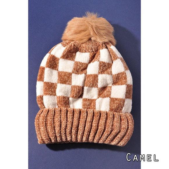 NEW Checkerboard Checked Super Soft Velour Cozy Fleece Lined Pom Pom Beanies Hat - Picture 5 of 11
